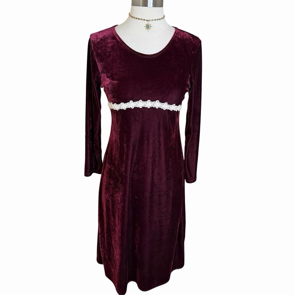 VTG 90s Whimsigoth Burgundy Velvet Dress Floral Lace Empire Waist Long Sleeve SM